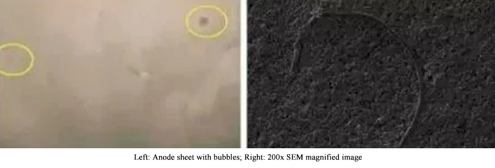 Left: Anode sheet with bubbles; Right: 200x SEM magnified image