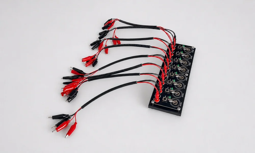 TOB-BC-8 with all eight positions fitted with four-wire alligator clip leads