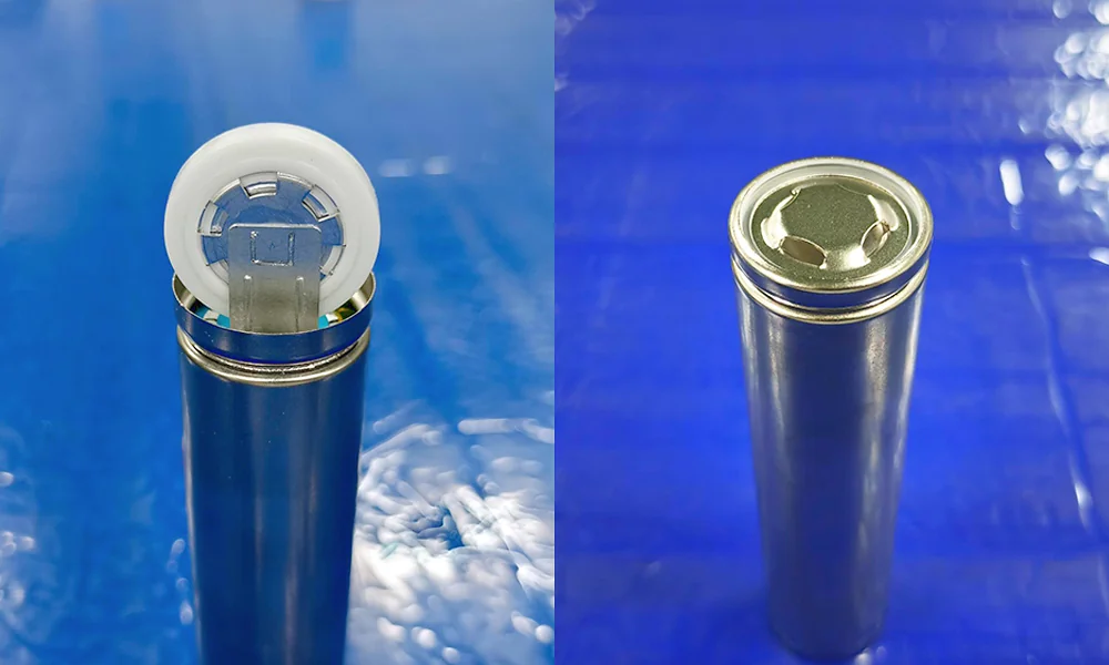 Positive Cap Welding and 32140 Cell Sealing Results Positive cap welding result on the left and sealed 32140 cell result on the right